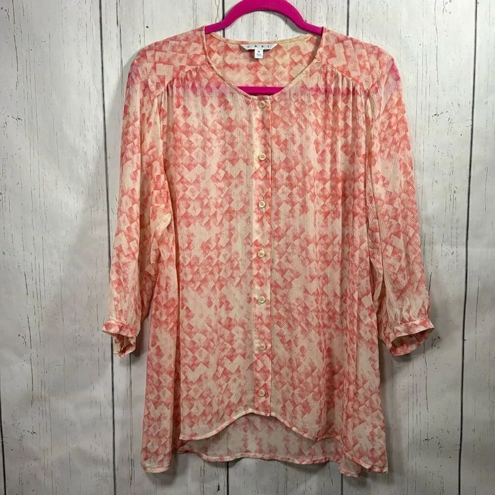 CAbi Silk Coral Print Blouse Size M Boho Career Lightweight Feminine Minimalist